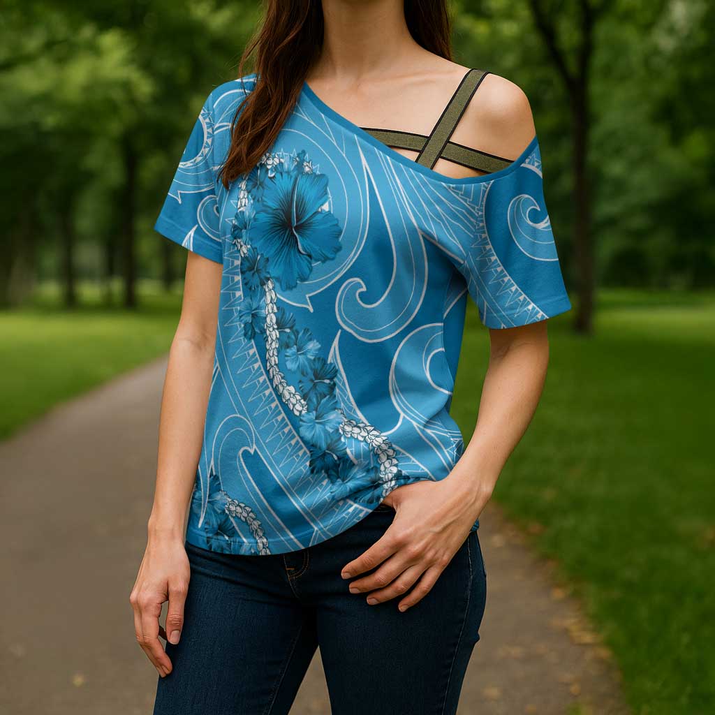 Hawaii Blue Hibiscus Pikake Lei Cross Shoulder Shirt - Polynesian Pride