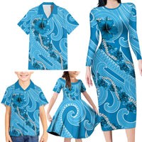 Hawaii Blue Hibiscus Pikake Lei Family Matching Long Sleeve Bodycon Dress and Hawaiian Shirt - Polynesian Pride