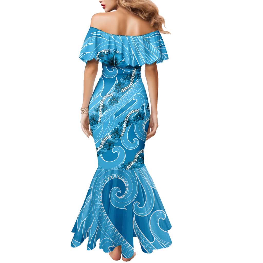 Hawaii Blue Hibiscus Pikake Lei Family Matching Mermaid Dress and Hawaiian Shirt - Polynesian Pride