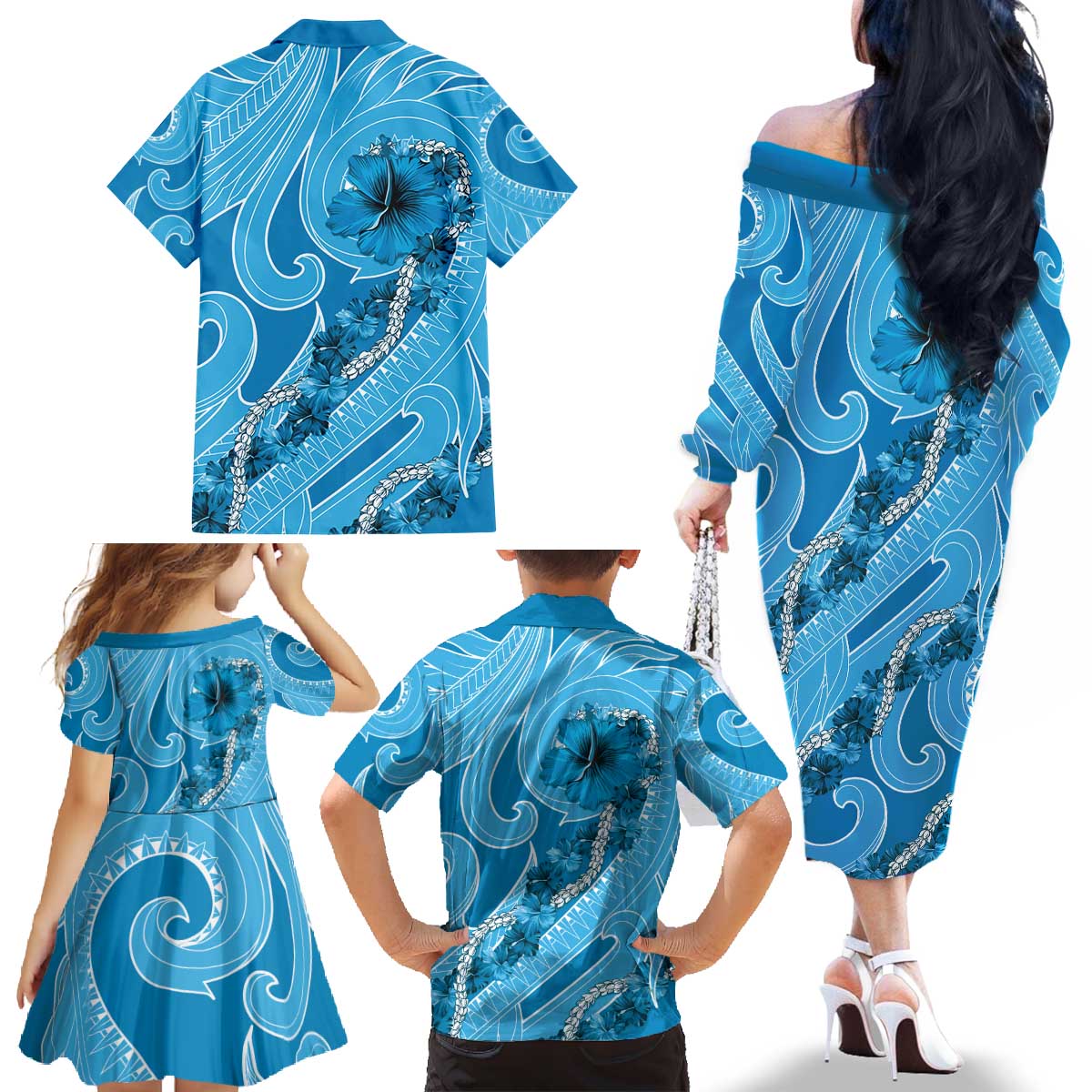 Hawaii Blue Hibiscus Pikake Lei Family Matching Off The Shoulder Long Sleeve Dress and Hawaiian Shirt - Polynesian Pride