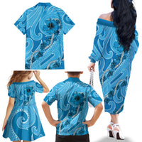 Hawaii Blue Hibiscus Pikake Lei Family Matching Off The Shoulder Long Sleeve Dress and Hawaiian Shirt - Polynesian Pride