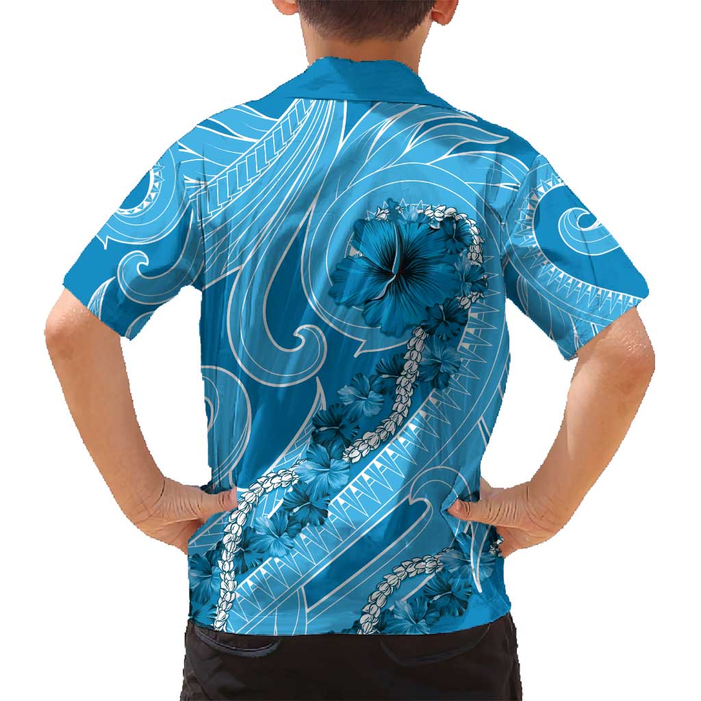 Hawaii Blue Hibiscus Pikake Lei Family Matching Off Shoulder Short Dress and Hawaiian Shirt - Polynesian Pride