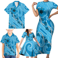 Hawaii Blue Hibiscus Pikake Lei Family Matching Short Sleeve Bodycon Dress and Hawaiian Shirt - Polynesian Pride