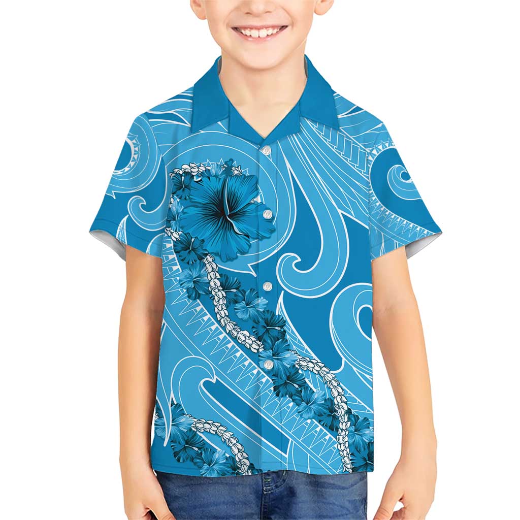 Hawaii Blue Hibiscus Pikake Lei Family Matching Short Sleeve Bodycon Dress and Hawaiian Shirt - Polynesian Pride