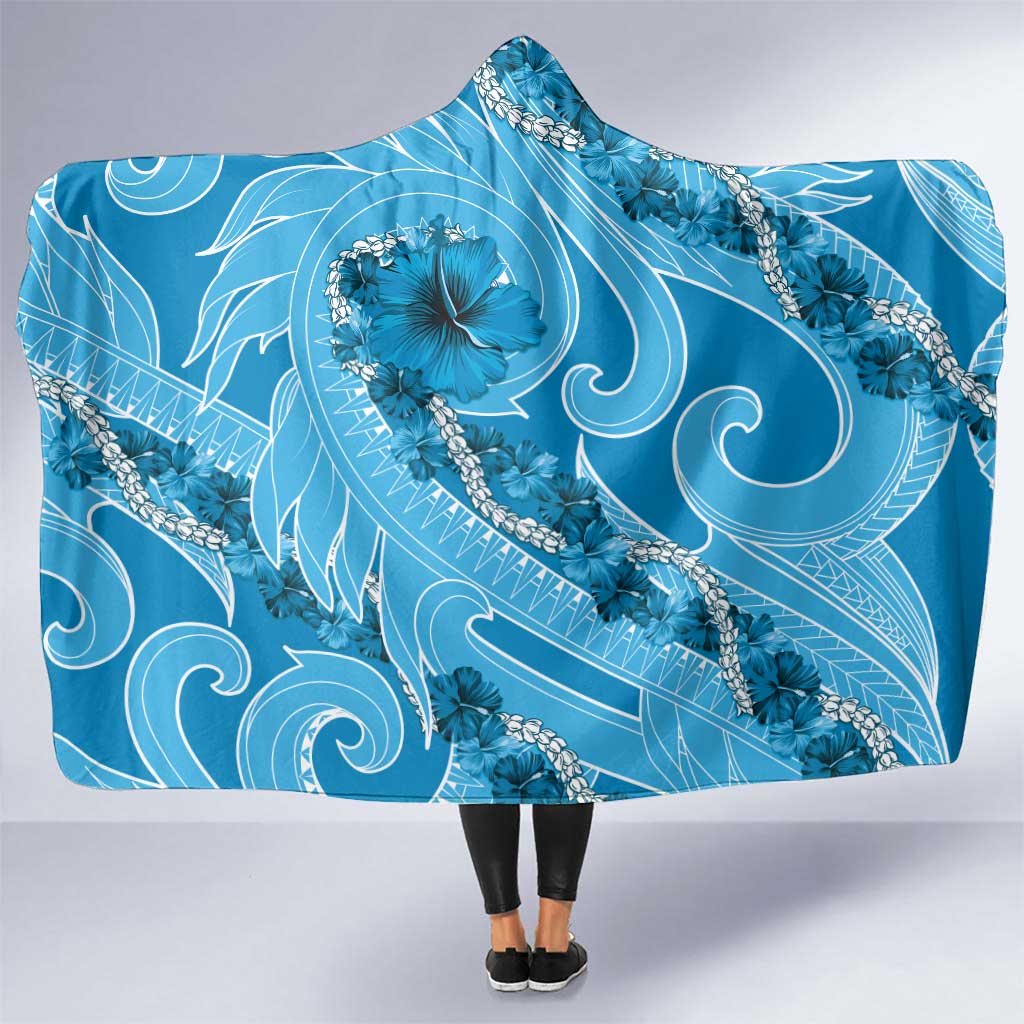 Hawaii Blue Hibiscus Pikake Lei Hooded Blanket - Polynesian Pride