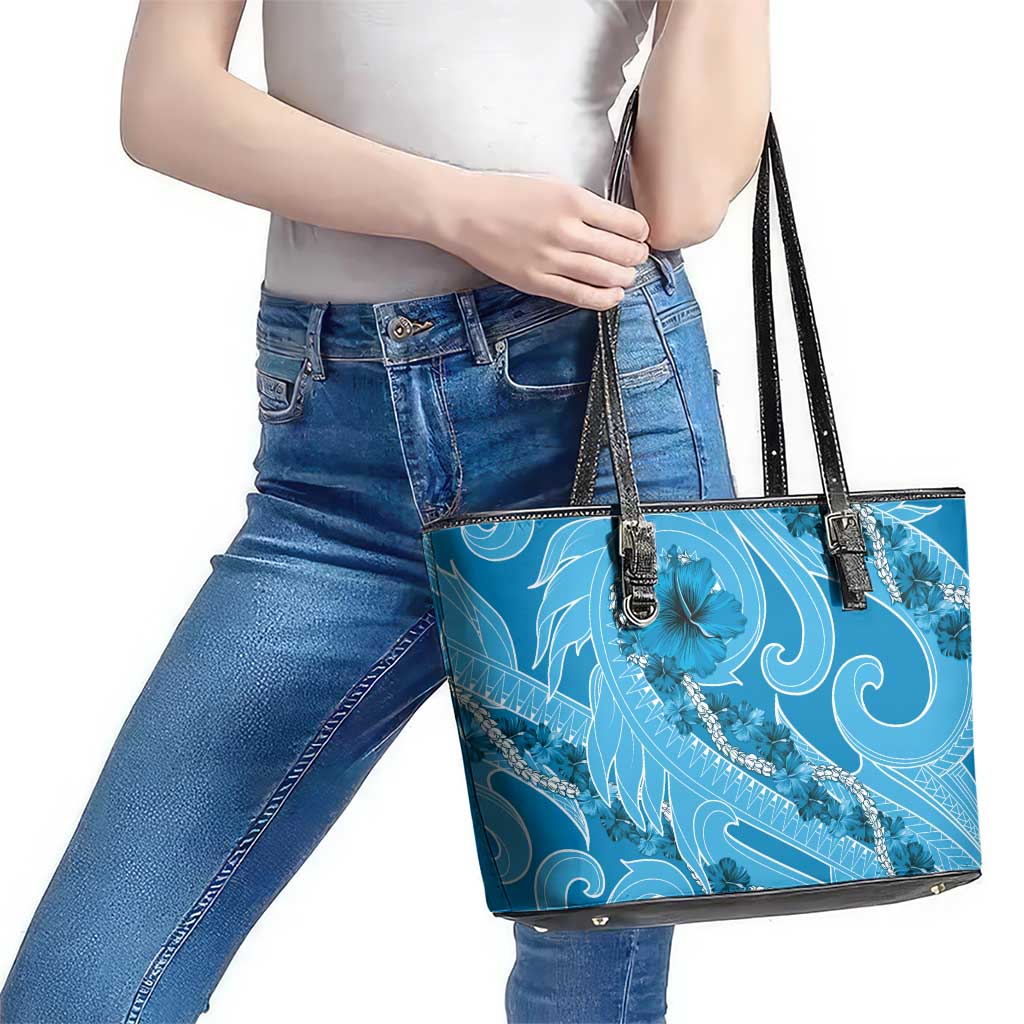 Hawaii Blue Hibiscus Pikake Lei Leather Tote Bag - Polynesian Pride