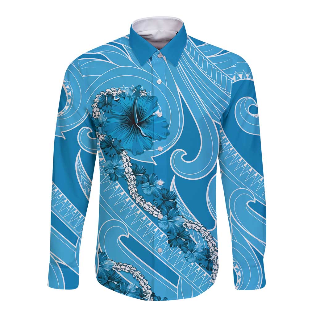 Hawaii Blue Hibiscus Pikake Lei Long Sleeve Button Shirt - Polynesian Pride