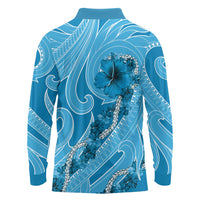Hawaii Blue Hibiscus Pikake Lei Long Sleeve Polo Shirt - Polynesian Pride