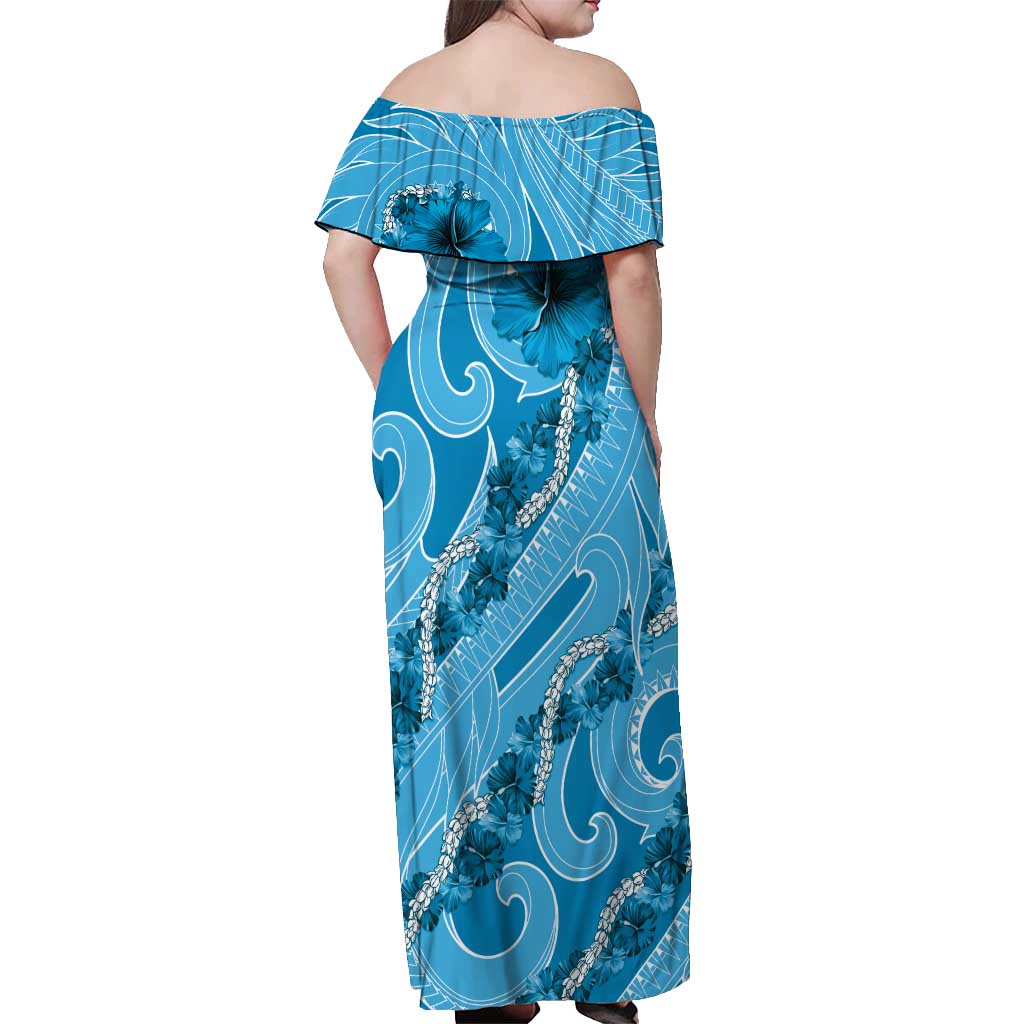 Hawaii Blue Hibiscus Pikake Lei Off Shoulder Maxi Dress - Polynesian Pride
