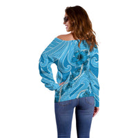 Hawaii Blue Hibiscus Pikake Lei Off Shoulder Sweater - Polynesian Pride