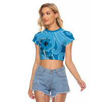 Hawaii Blue Hibiscus Pikake Lei Raglan Cropped T Shirt - Polynesian Pride