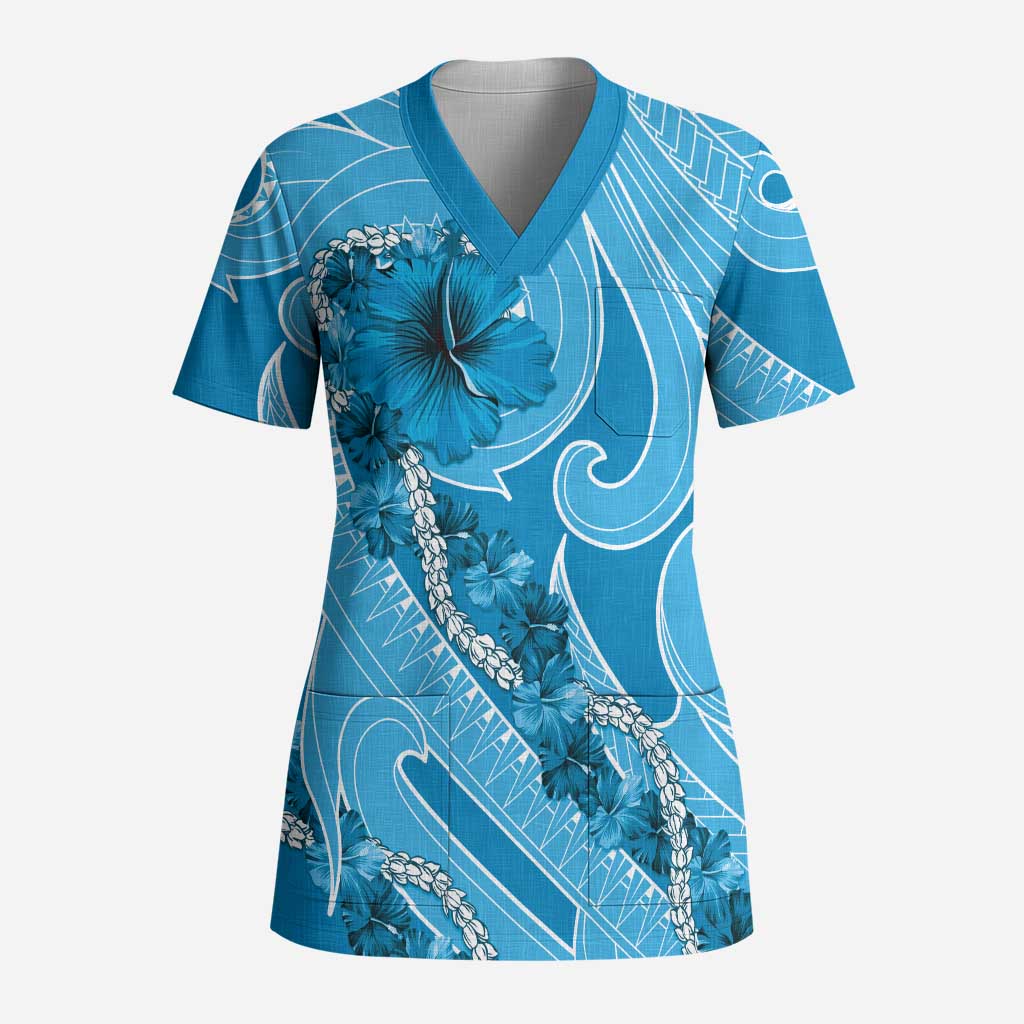 Hawaii Blue Hibiscus Pikake Lei Scrub Top - Polynesian Pride