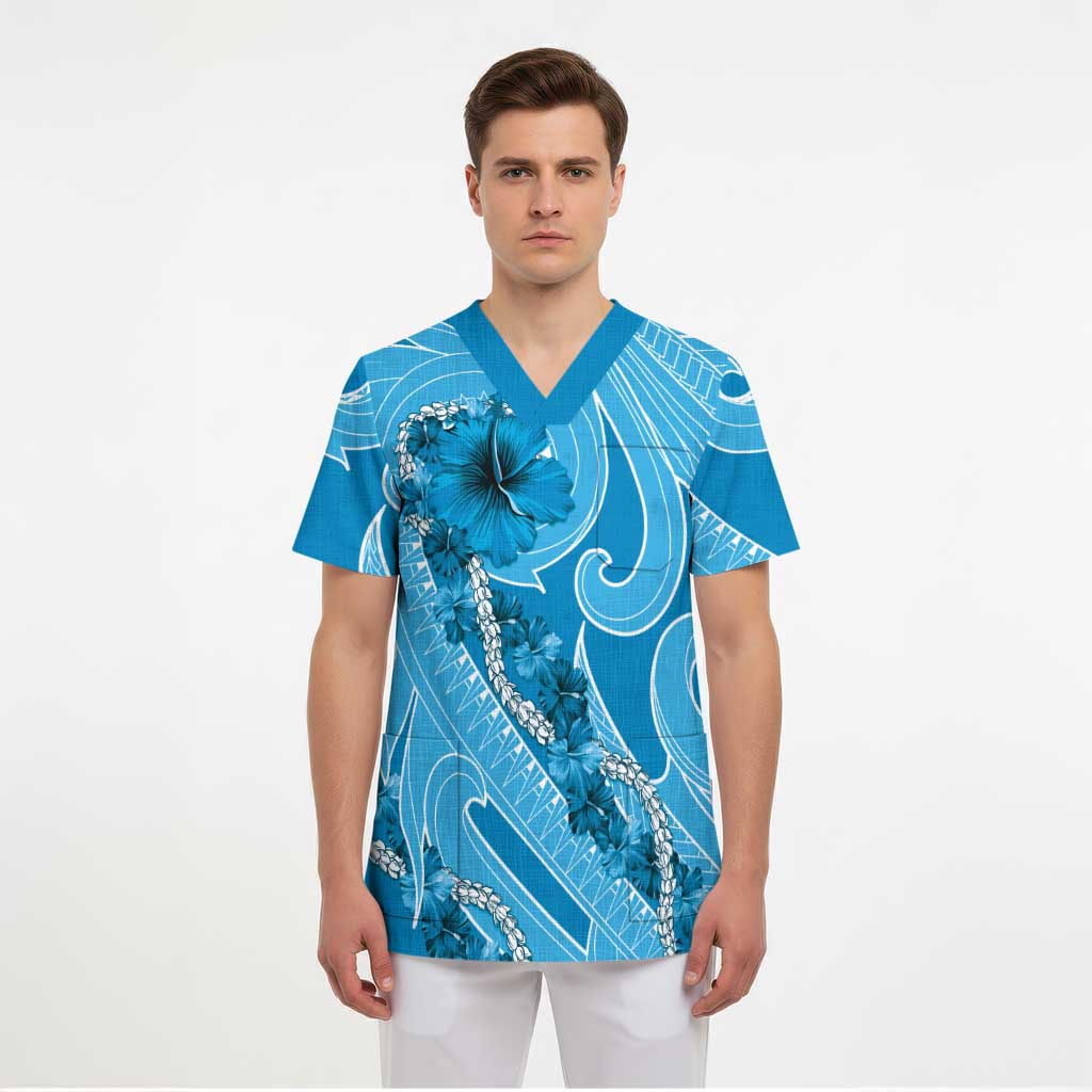 Hawaii Blue Hibiscus Pikake Lei Scrub Top - Polynesian Pride