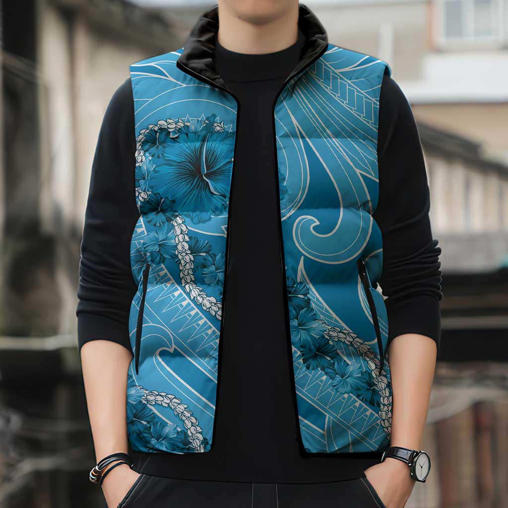 Hawaii Blue Hibiscus Pikake Lei Sleeveless Puffer Jacket - Polynesian Pride