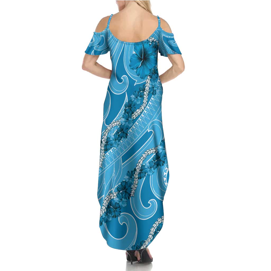 Hawaii Blue Hibiscus Pikake Lei Summer Maxi Dress - Polynesian Pride