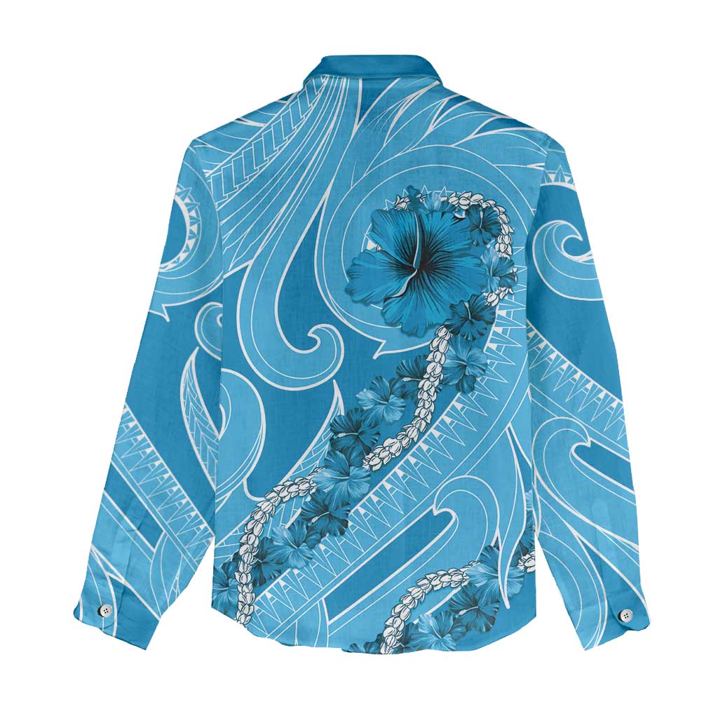Hawaii Blue Hibiscus Pikake Lei Women Casual Shirt - Polynesian Pride