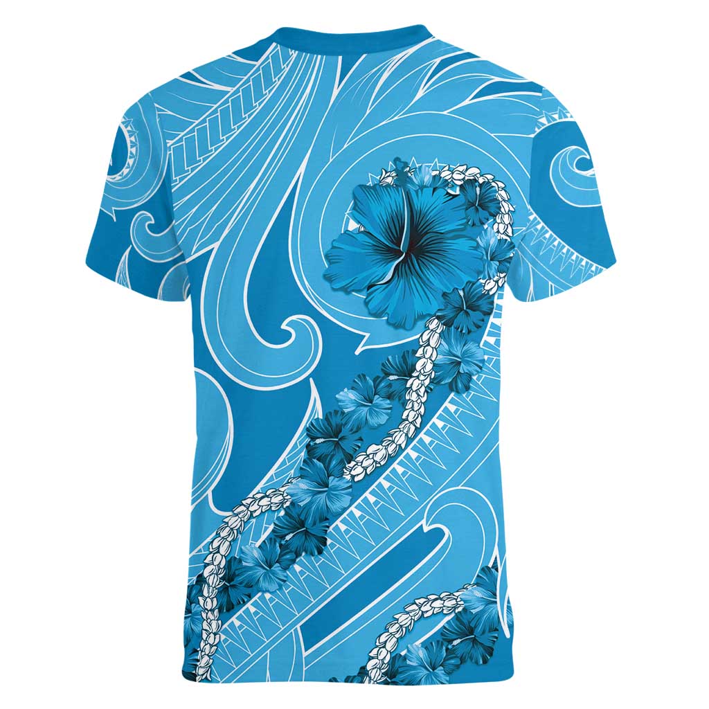 Hawaii Blue Hibiscus Pikake Lei Women V-Neck T-Shirt - Polynesian Pride