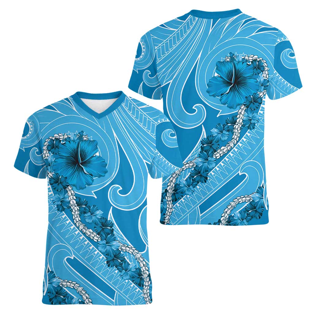 Hawaii Blue Hibiscus Pikake Lei Women V-Neck T-Shirt - Polynesian Pride