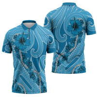 Hawaii Blue Hibiscus Pikake Lei Zipper Polo Shirt - Polynesian Pride