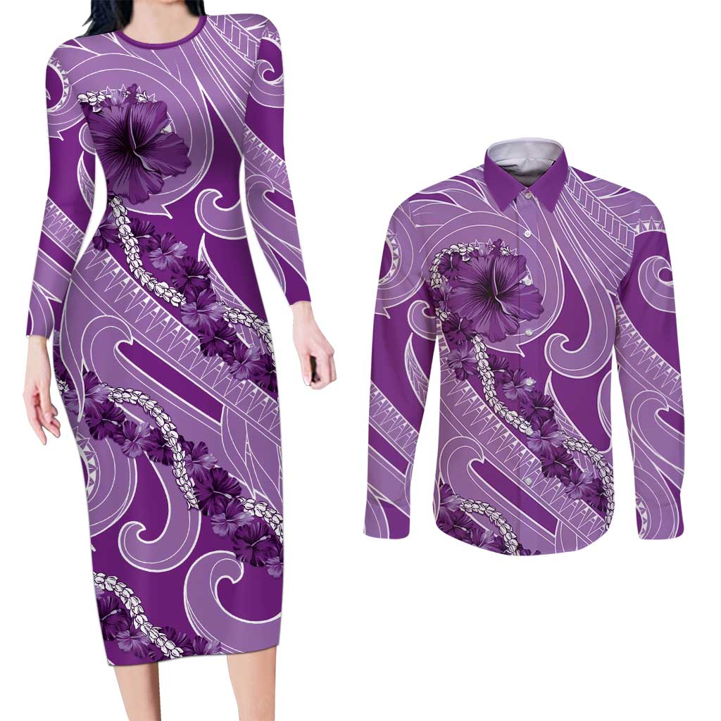 Hawaii Violet Hibiscus Pikake Lei Couples Matching Long Sleeve Bodycon Dress and Long Sleeve Button Shirt - Polynesian Pride