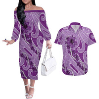 Hawaii Violet Hibiscus Pikake Lei Couples Matching Off The Shoulder Long Sleeve Dress and Hawaiian Shirt - Polynesian Pride