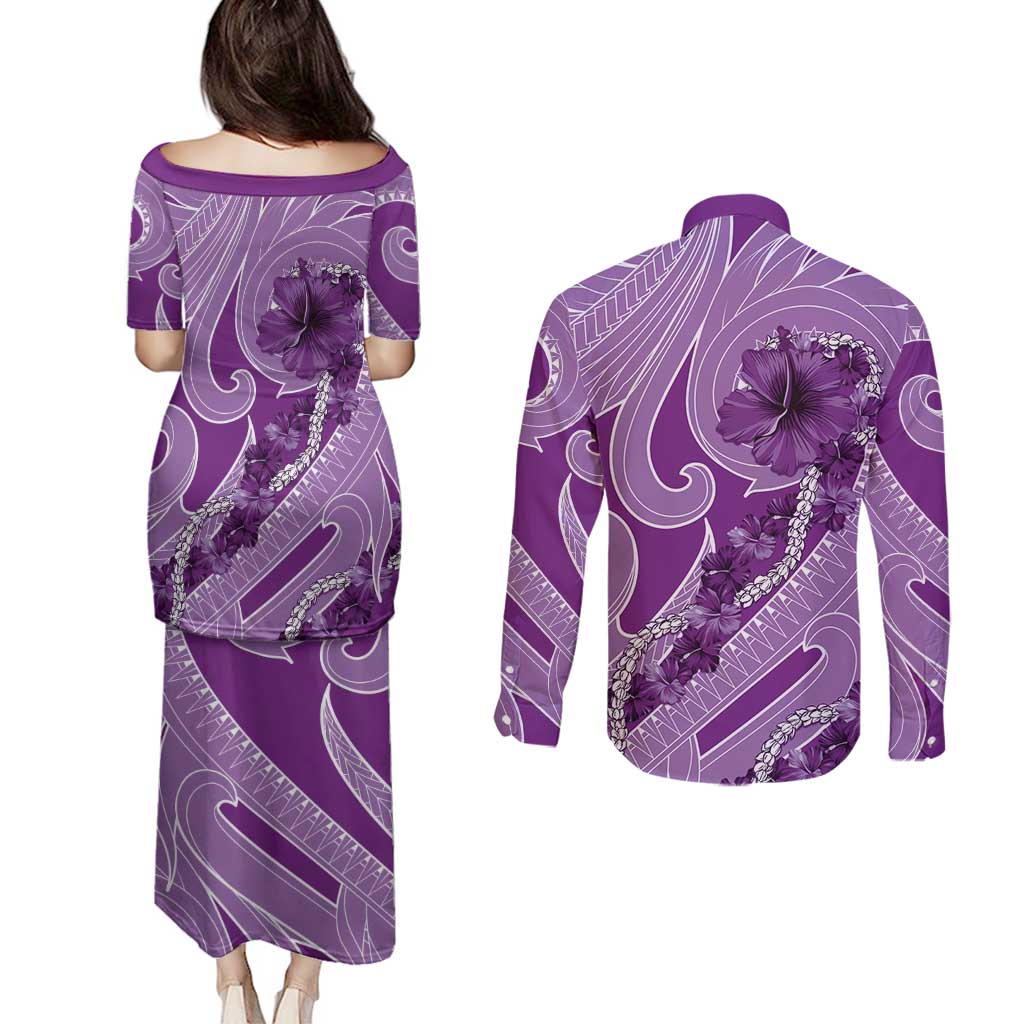 Hawaii Violet Hibiscus Pikake Lei Couples Matching Puletasi and Long Sleeve Button Shirt - Polynesian Pride
