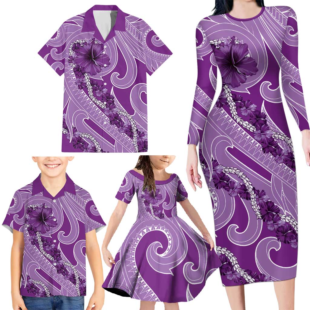 Hawaii Violet Hibiscus Pikake Lei Family Matching Long Sleeve Bodycon Dress and Hawaiian Shirt LT05 - Polynesian Pride