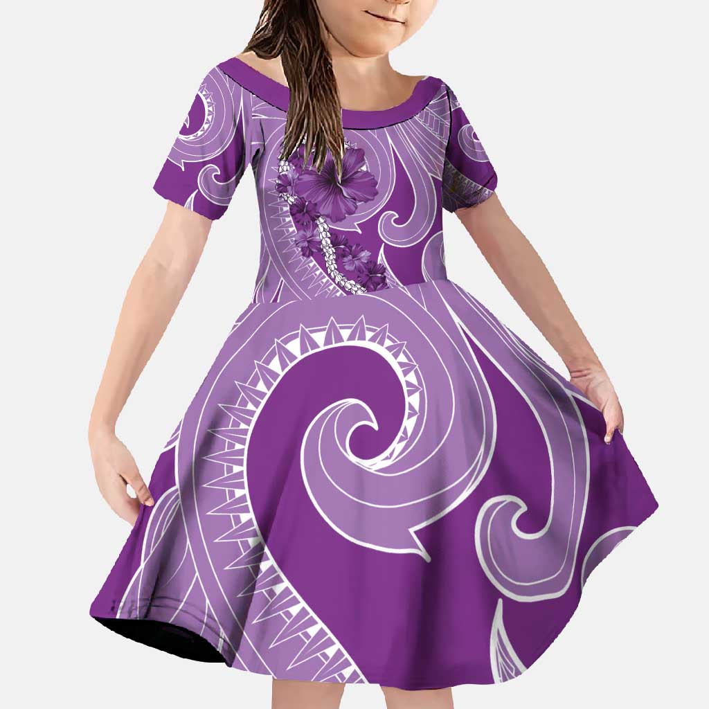 Hawaii Violet Hibiscus Pikake Lei Family Matching Mermaid Dress and Hawaiian Shirt LT05 Daughter's Dress Violet - Polynesian Pride