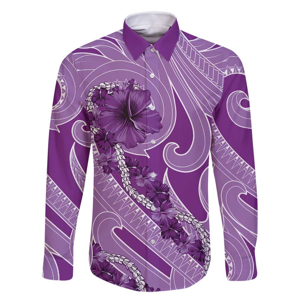 Hawaii Violet Hibiscus Pikake Lei Family Matching Mermaid Dress and Hawaiian Shirt LT05 Dad's Shirt - Long Sleeve Violet - Polynesian Pride