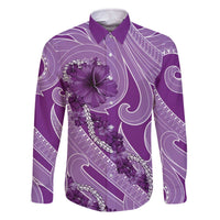 Hawaii Violet Hibiscus Pikake Lei Family Matching Off The Shoulder Long Sleeve Dress and Hawaiian Shirt LT05 Dad's Shirt - Long Sleeve Violet - Polynesian Pride