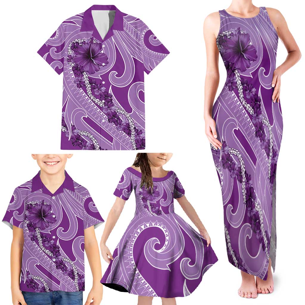 Hawaii Violet Hibiscus Pikake Lei Family Matching Tank Maxi Dress and Hawaiian Shirt - Polynesian Pride