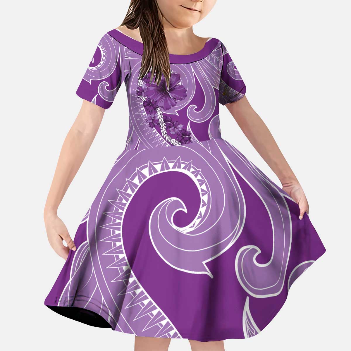 Hawaii Violet Hibiscus Pikake Lei Kid Short Sleeve Dress - Polynesian Pride