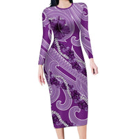 Hawaii Violet Hibiscus Pikake Lei Long Sleeve Bodycon Dress - Polynesian Pride