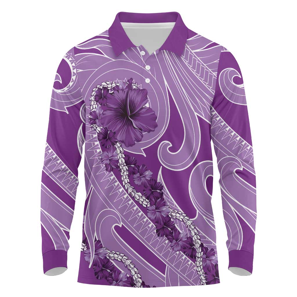 Hawaii Violet Hibiscus Pikake Lei Long Sleeve Polo Shirt - Polynesian Pride
