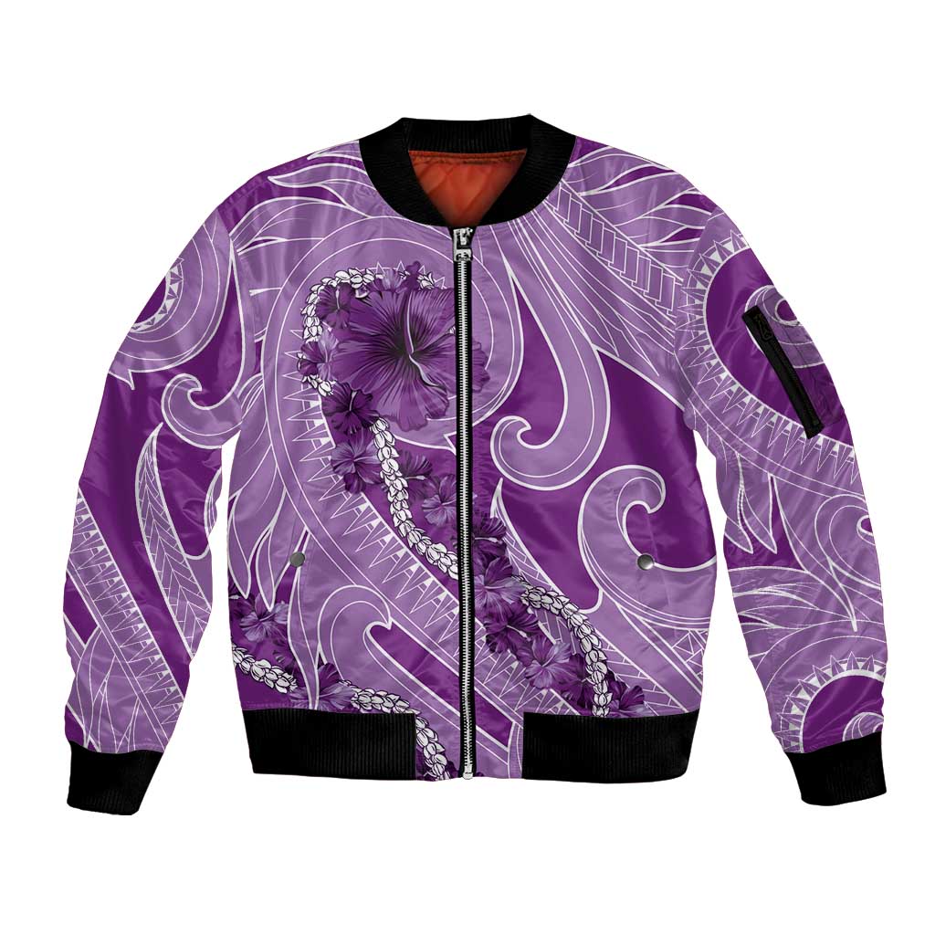 Hawaii Violet Hibiscus Pikake Lei Sleeve Zip Bomber Jacket - Polynesian Pride