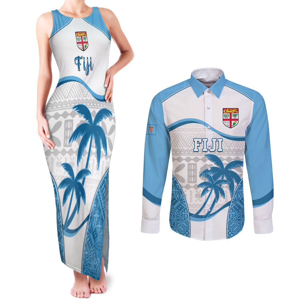 Custom Fiji Rugby Couples Matching Tank Maxi Dress and Long Sleeve Button Shirts World Cup 2023 Fijian Tapa Pattern Blue Version LT05 Blue - Polynesian Pride