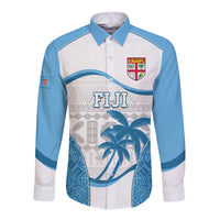Custom Fiji Rugby Long Sleeve Button Shirt World Cup 2023 Fijian Tapa Pattern Blue Version LT05 Unisex Blue - Polynesian Pride