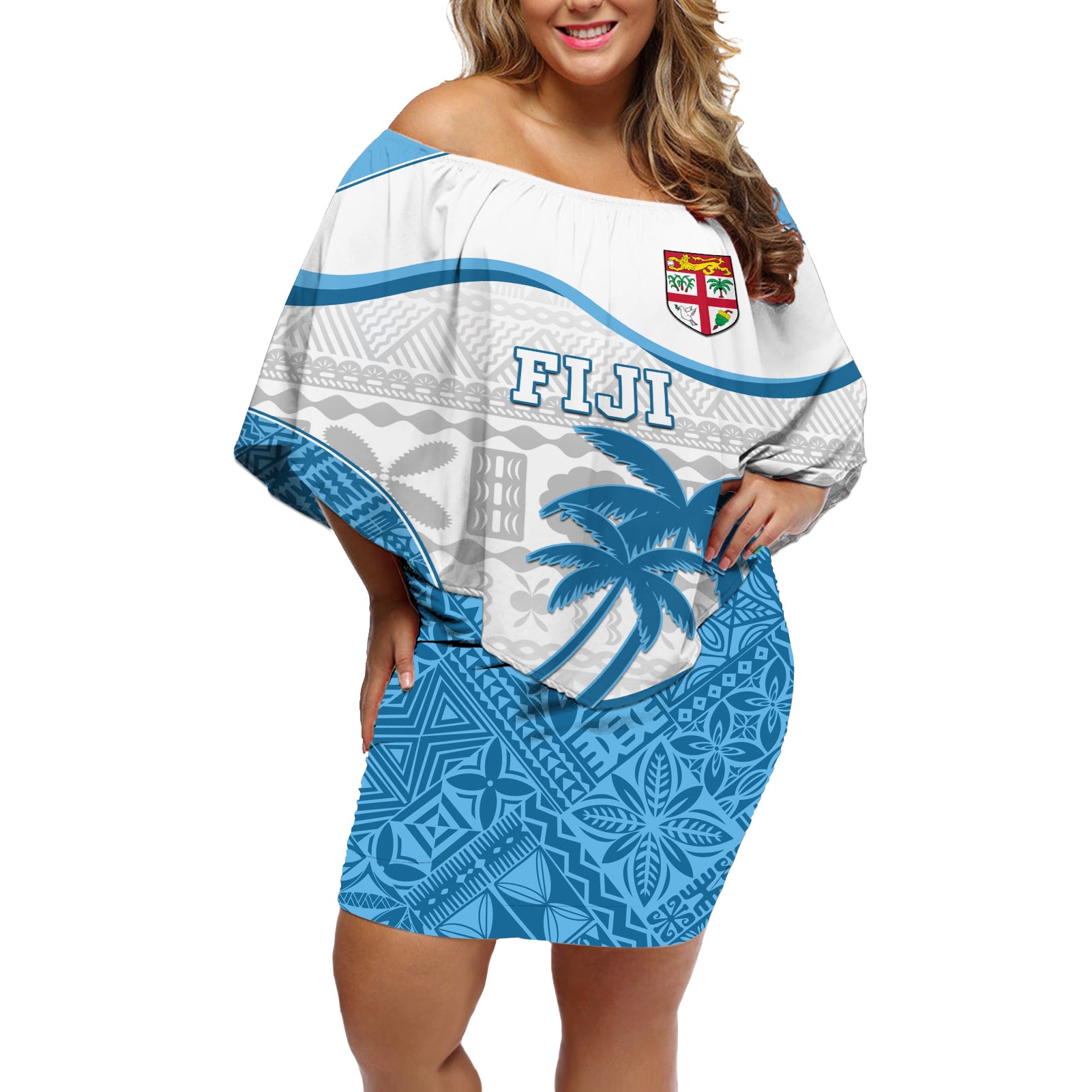 Custom Fiji Rugby Off Shoulder Short Dress World Cup 2023 Fijian Tapa Pattern Blue Version LT05 Women Blue - Polynesian Pride