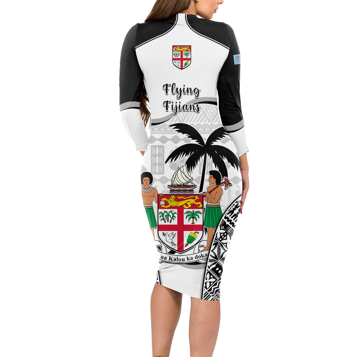 Fiji Rugby Long Sleeve Bodycon Dress World Cup 2023 Fijian Tapa Pattern Black Version LT05 - Polynesian Pride