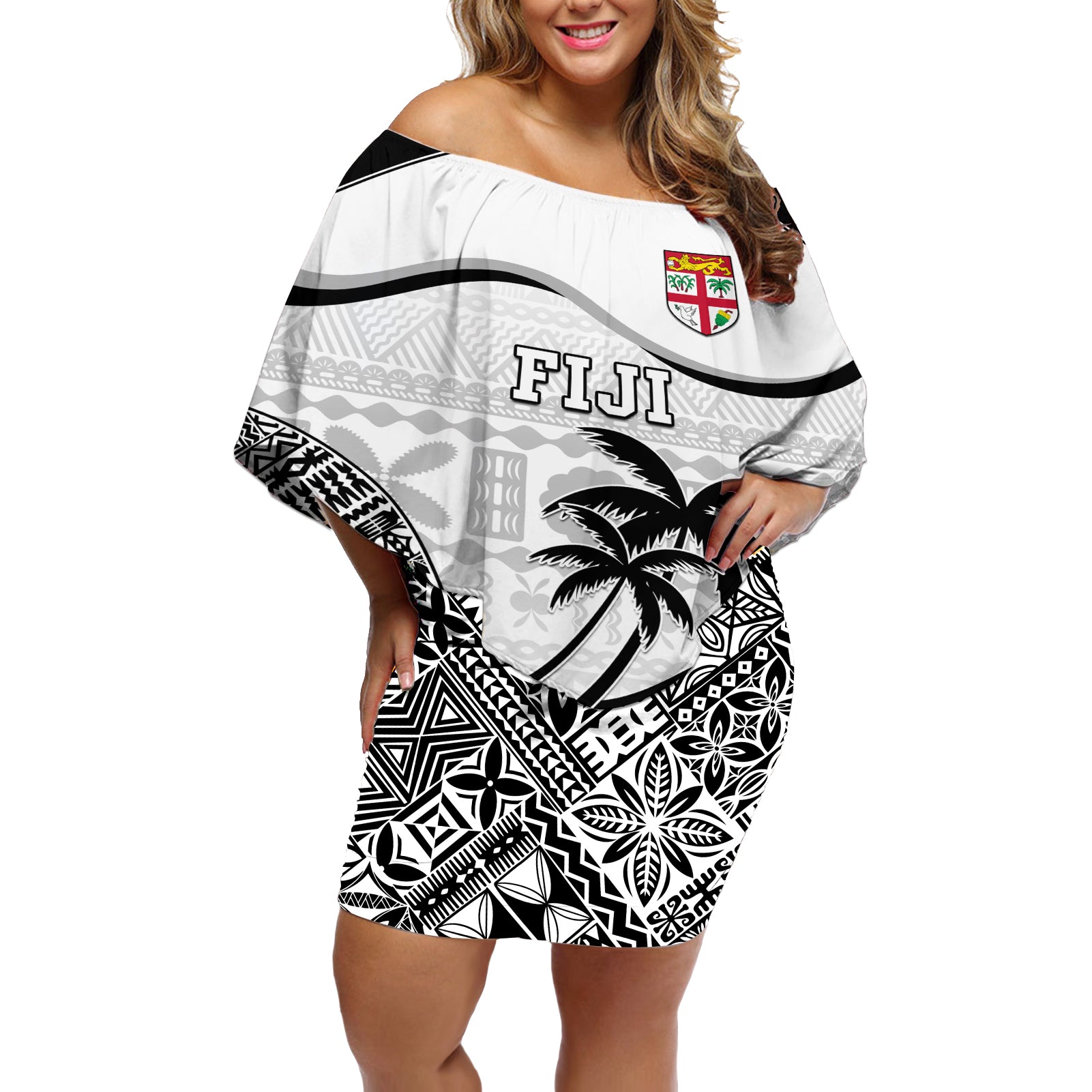 Custom Fiji Rugby Off Shoulder Short Dress World Cup 2023 Fijian Tapa Pattern Black Version LT05 Women Black - Polynesian Pride