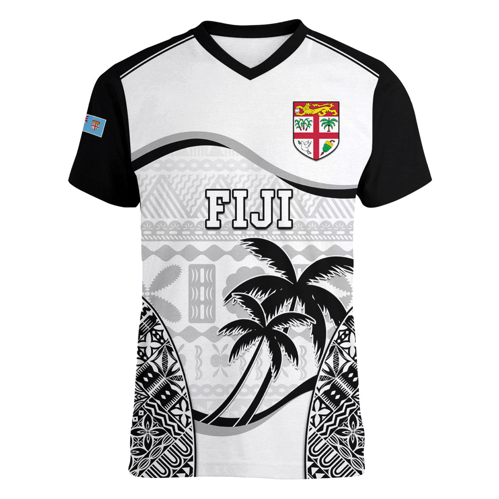 Custom Fiji Rugby Women V Neck T Shirt World Cup 2023 Fijian Tapa Pattern Black Version LT05 Female Black - Polynesian Pride