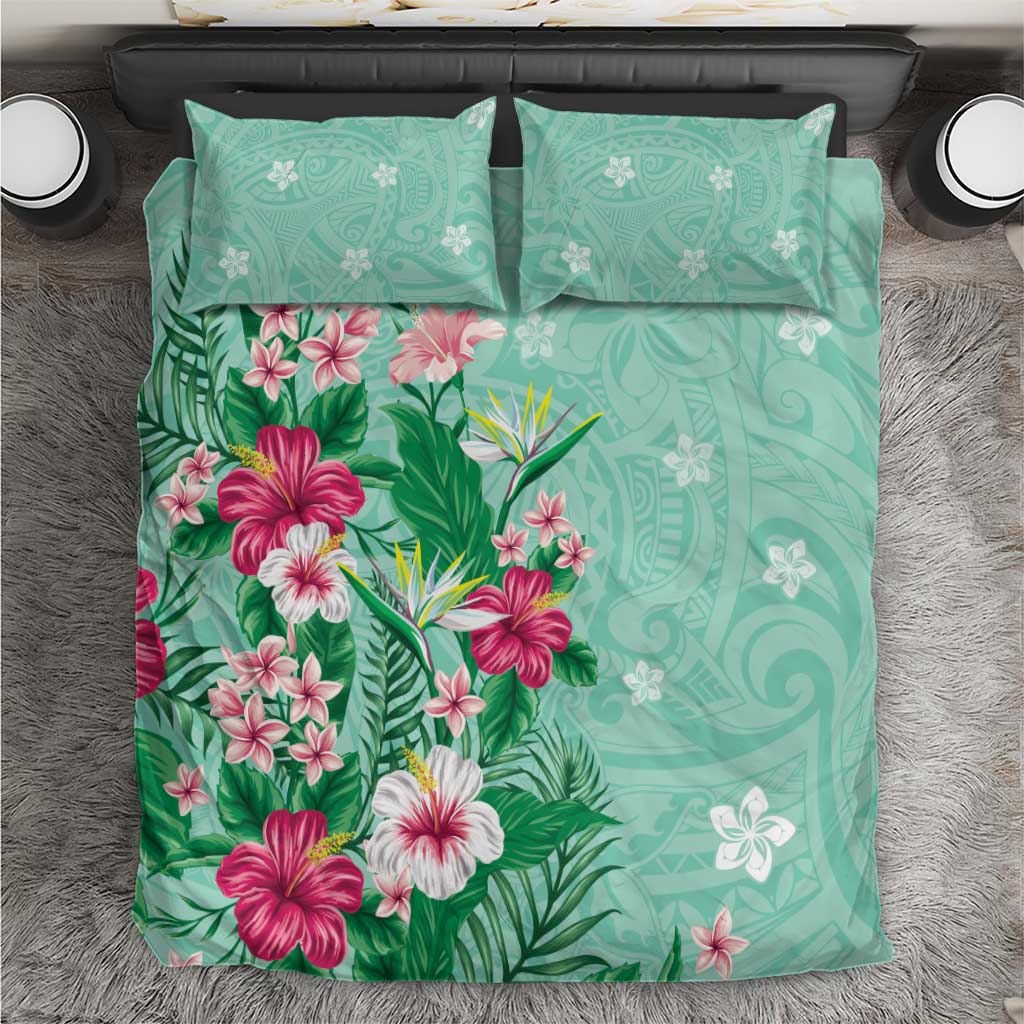 Hawaii Tropical Flowers Bedding Set Polynesian Tattoo Mint Green