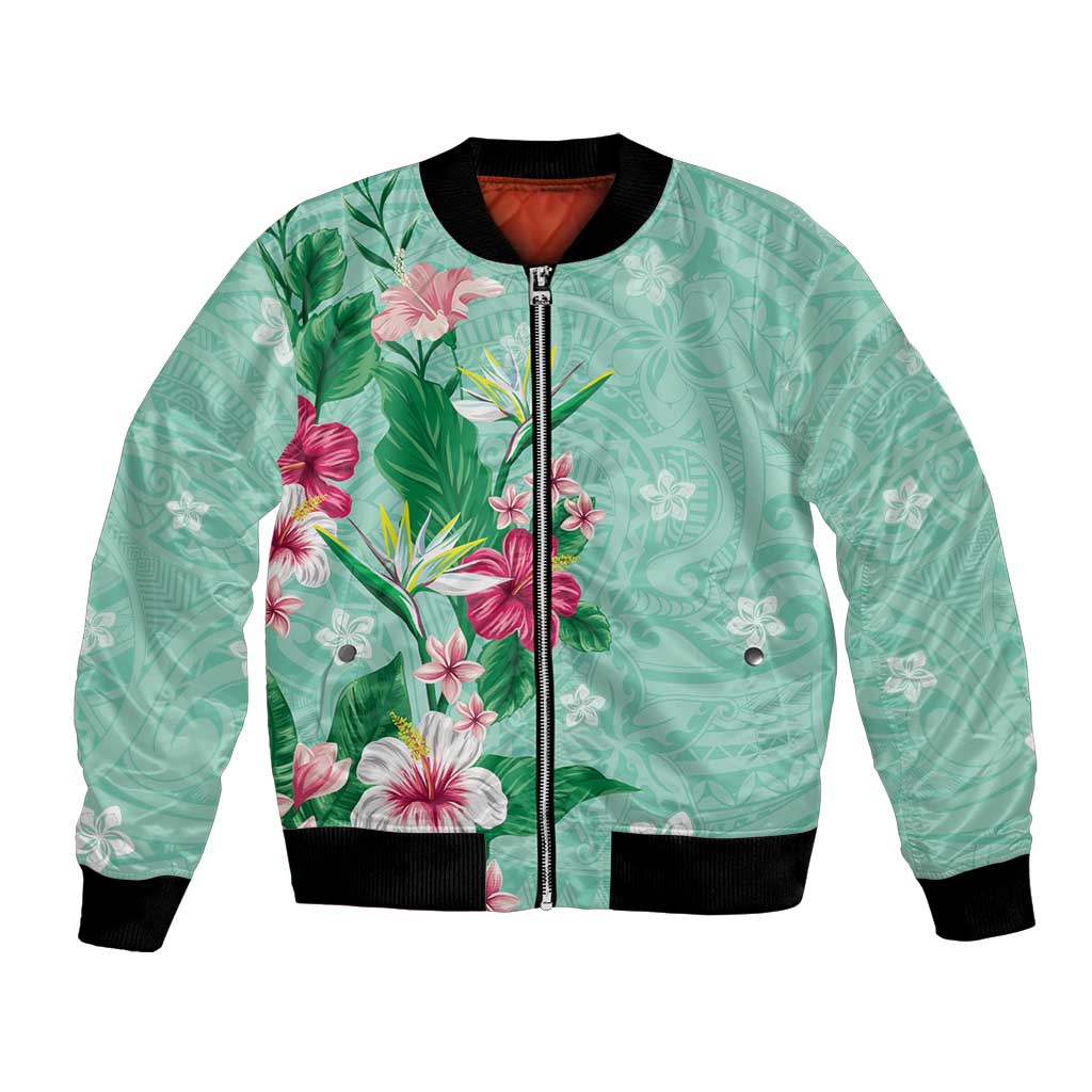 Hawaii Tropical Flowers Bomber Jacket Polynesian Tattoo Mint Green