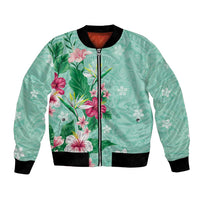 Hawaii Tropical Flowers Bomber Jacket Polynesian Tattoo Mint Green LT05 Unisex Green - Polynesian Pride