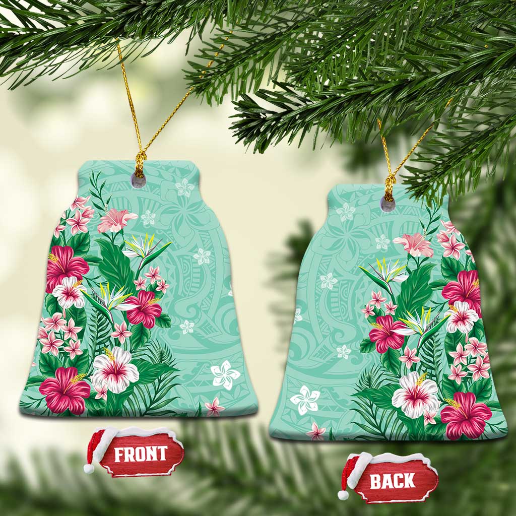 Hawaii Tropical Flowers Ceramic Ornament Polynesian Tattoo Mint Green
