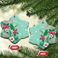 Hawaii Tropical Flowers Ceramic Ornament Polynesian Tattoo Mint Green