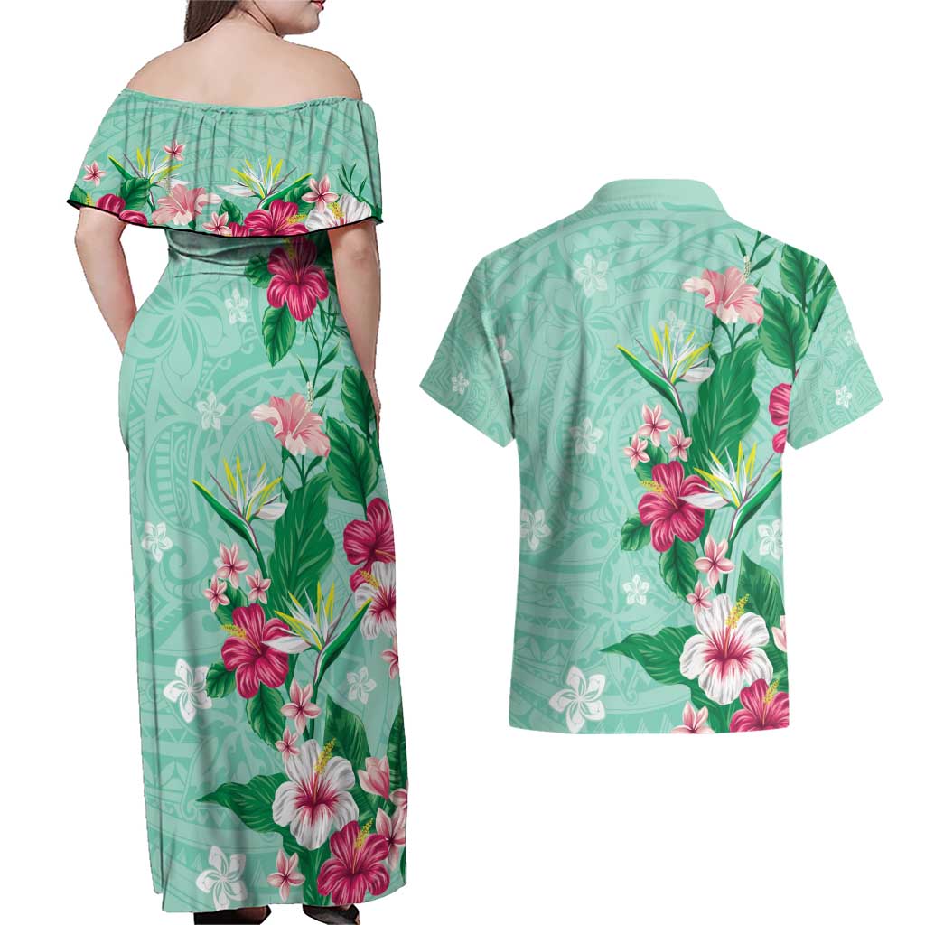 Hawaii Tropical Flowers Couples Matching Off Shoulder Maxi Dress and Hawaiian Shirt Polynesian Tattoo Mint Green