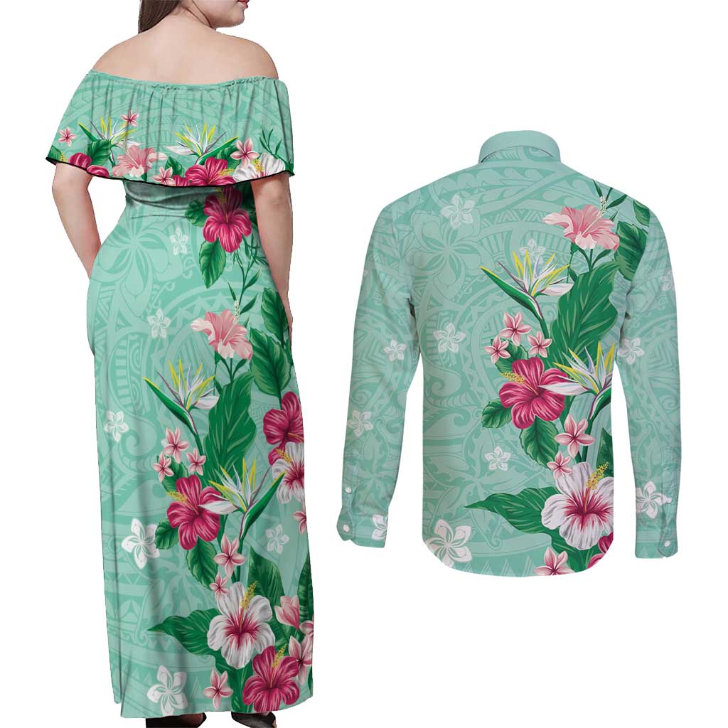 Hawaii Tropical Flowers Couples Matching Off Shoulder Maxi Dress and Long Sleeve Button Shirt Polynesian Tattoo Mint Green