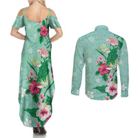 Hawaii Tropical Flowers Couples Matching Summer Maxi Dress and Long Sleeve Button Shirt Polynesian Tattoo Mint Green