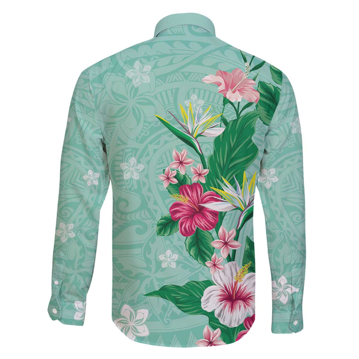 Hawaii Tropical Flowers Family Matching Off The Shoulder Long Sleeve Dress and Hawaiian Shirt Polynesian Tattoo Mint Green